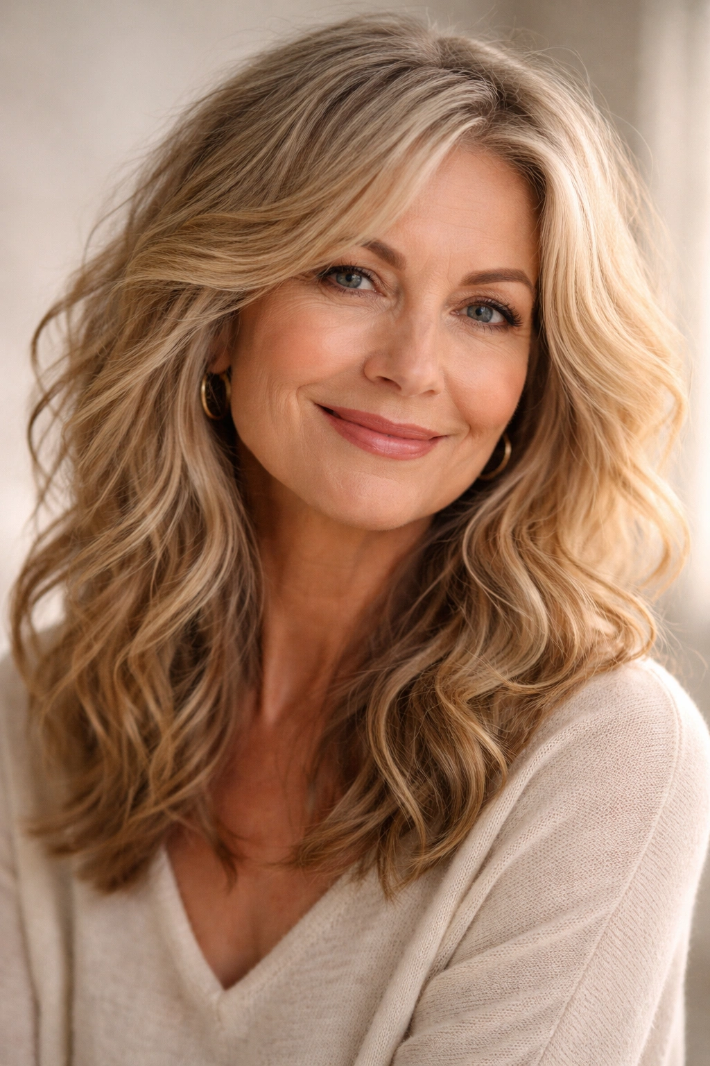 Older woman with tousled waves for romantic movement.