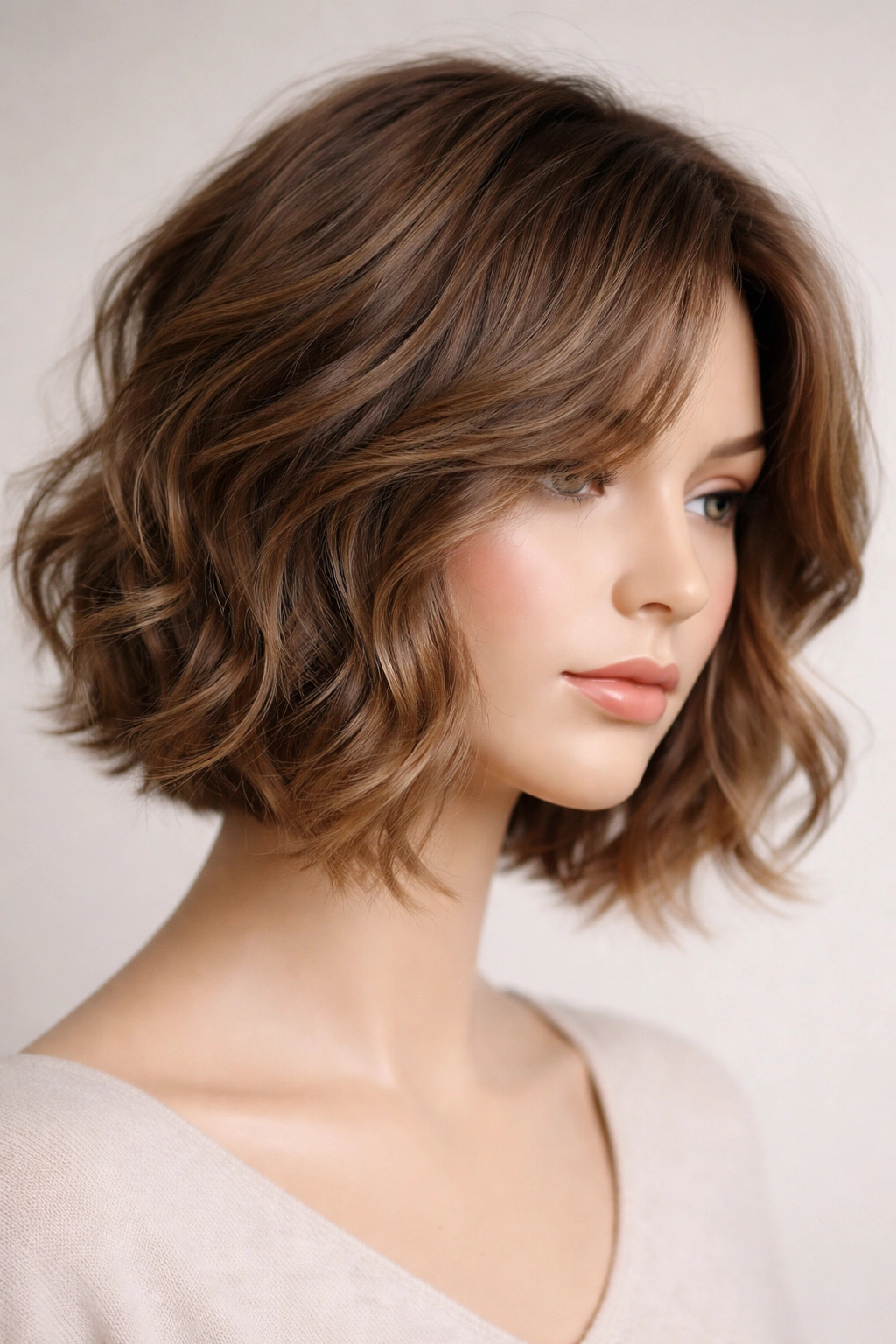15 Short Haircuts Made For Heart Shaped Faces 11 Tousled chin-length waves with face-framing layers on a mannequin