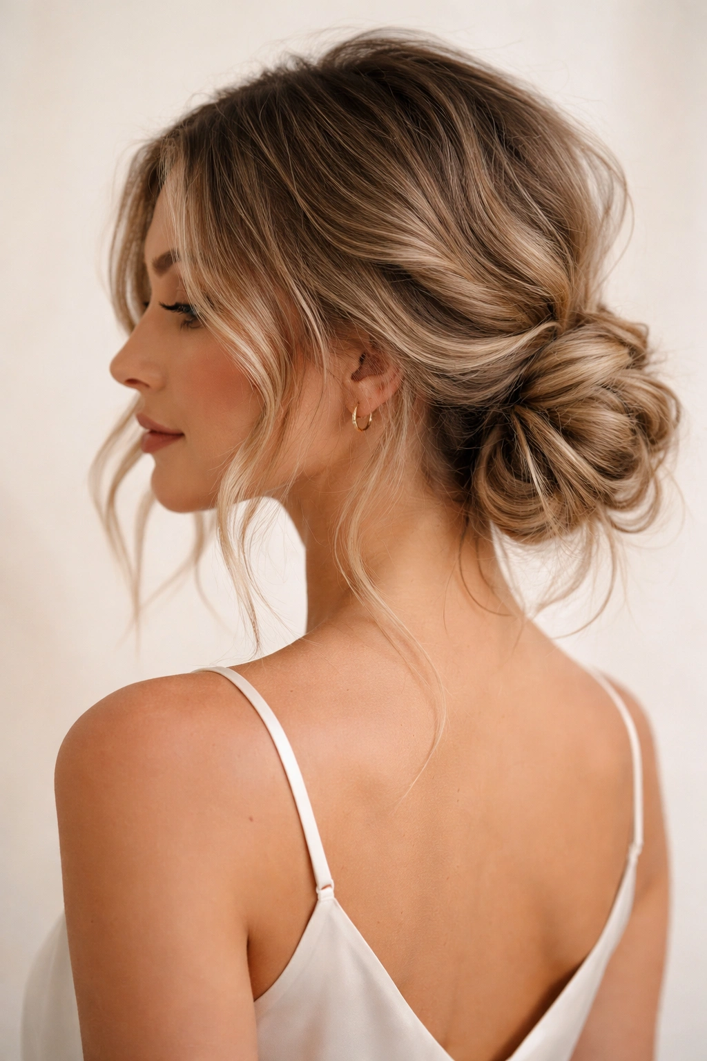 Model with tousled waves gathered into a low knot at the nape