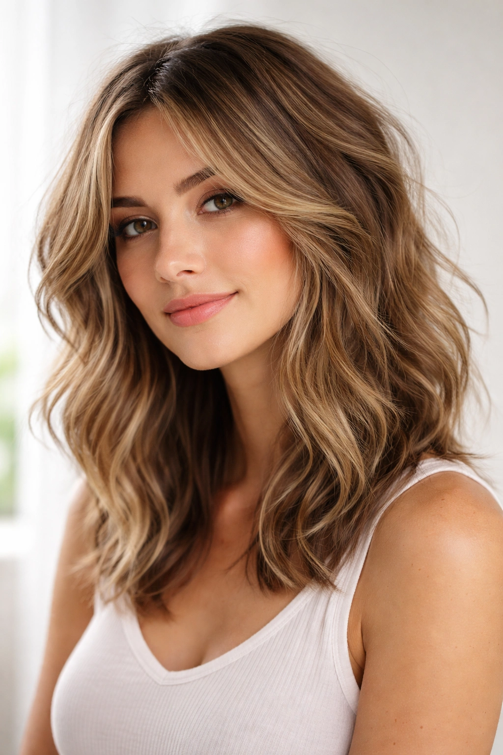 Model with soft, tousled waves in a medium-length cut with blended layers.