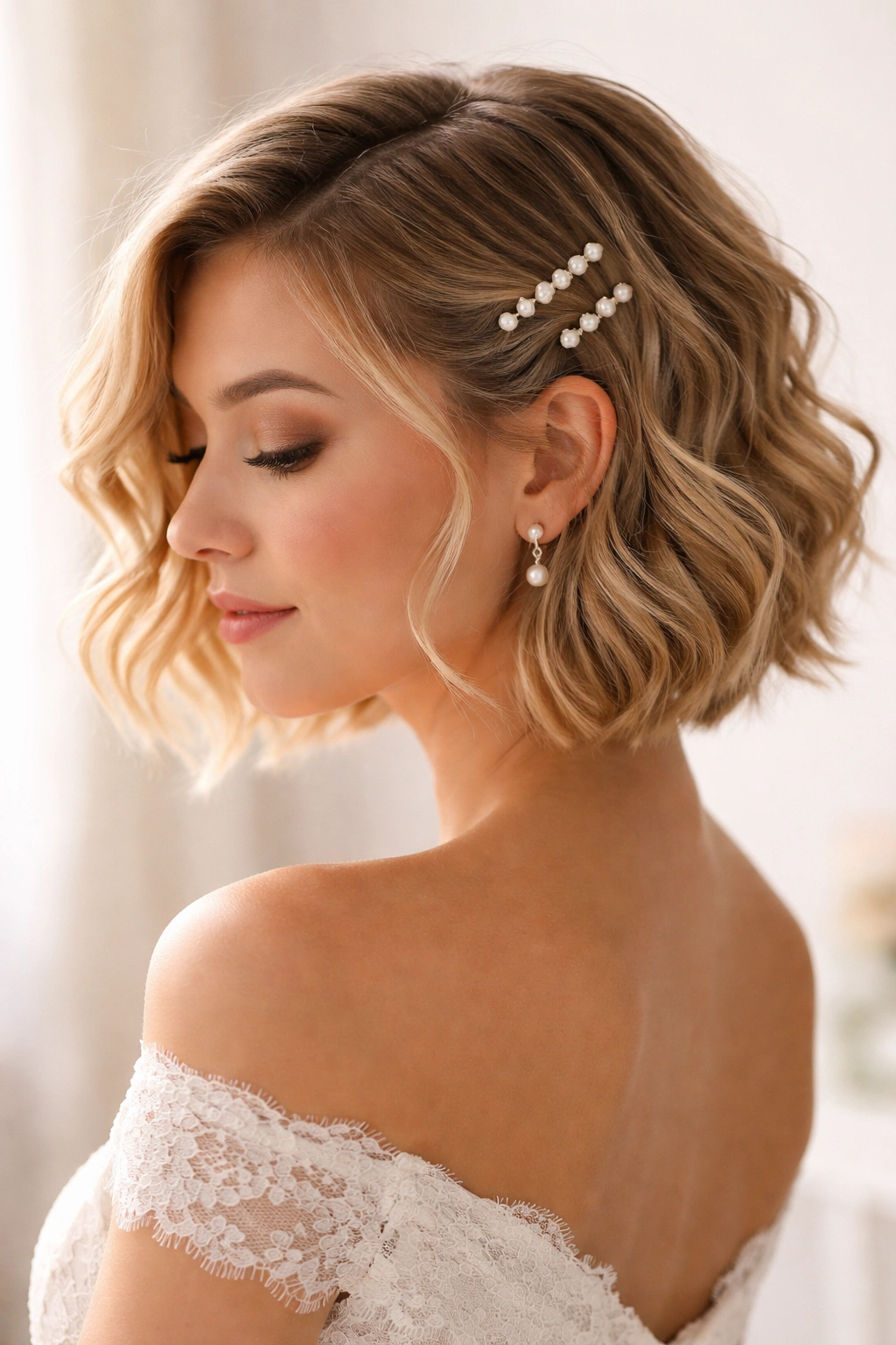 Short hairstyle with tousled waves and pearl clips at the temple