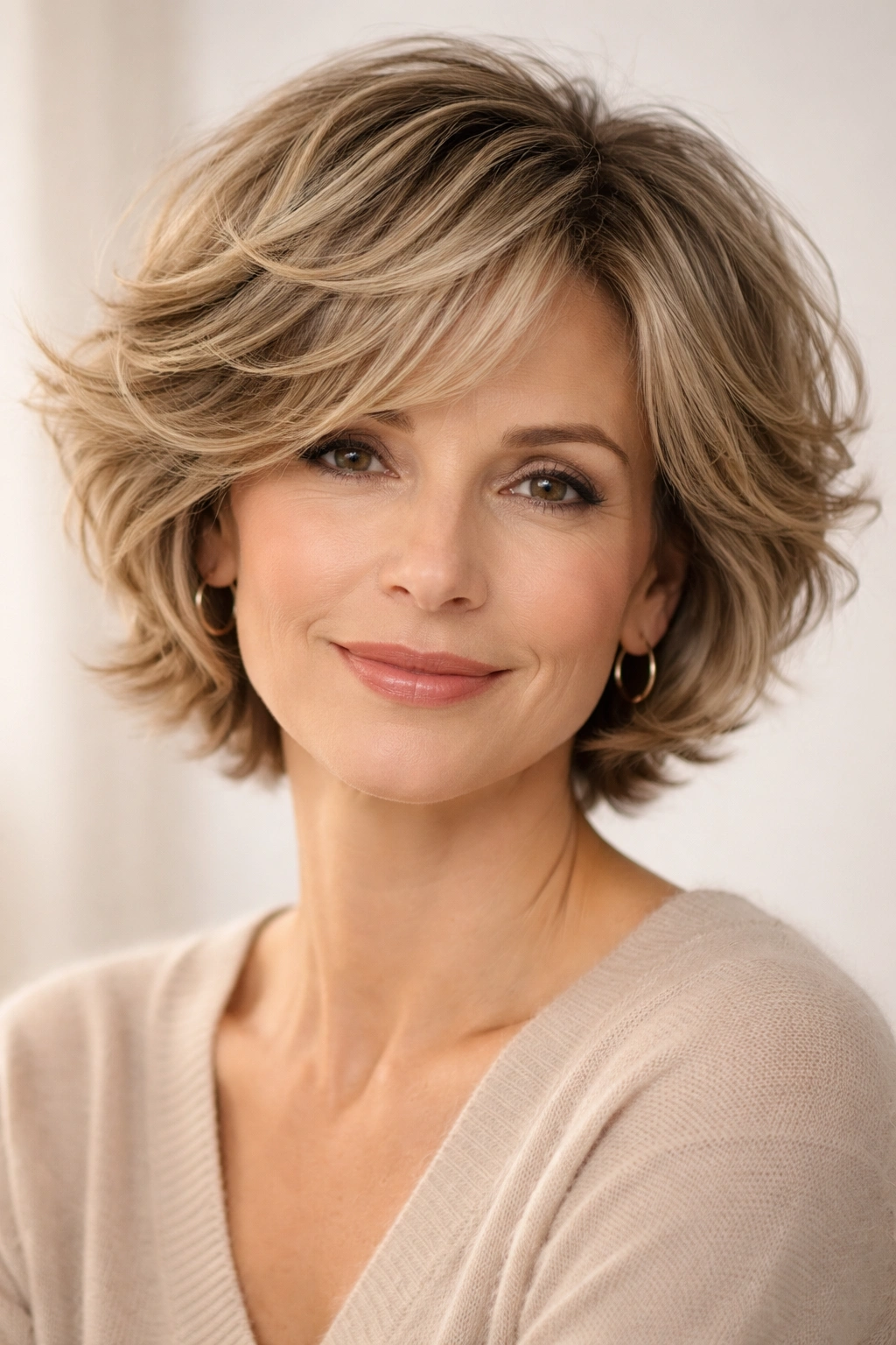 Woman with short tousled waves haircut in studio portrait