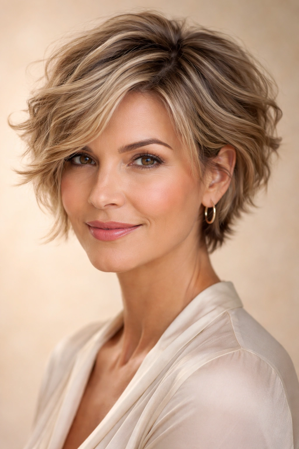 Short haircut with tousled waves on a mature woman showing soft texture and volume
