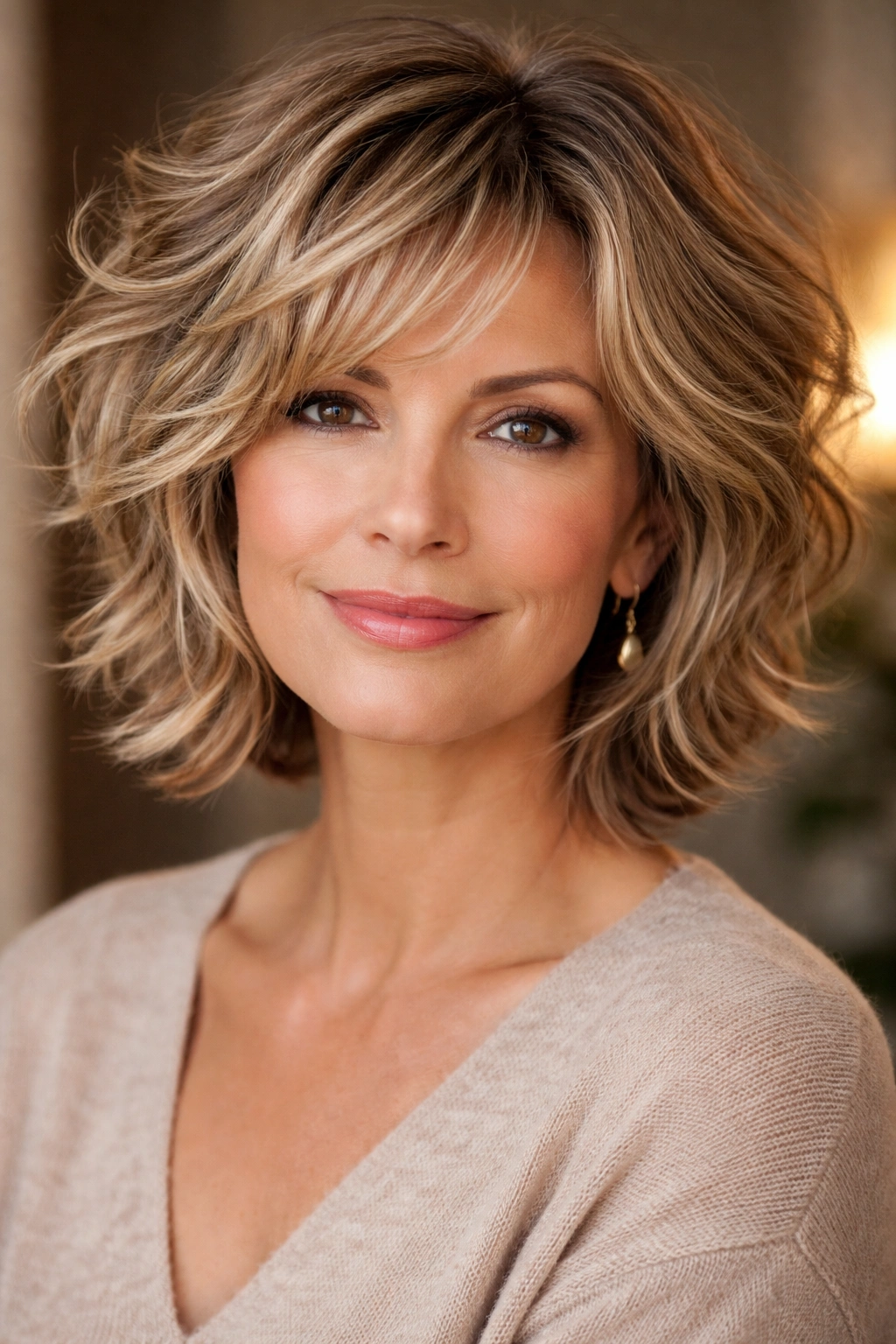 Portrait of a person with tousled short waves and short layers.