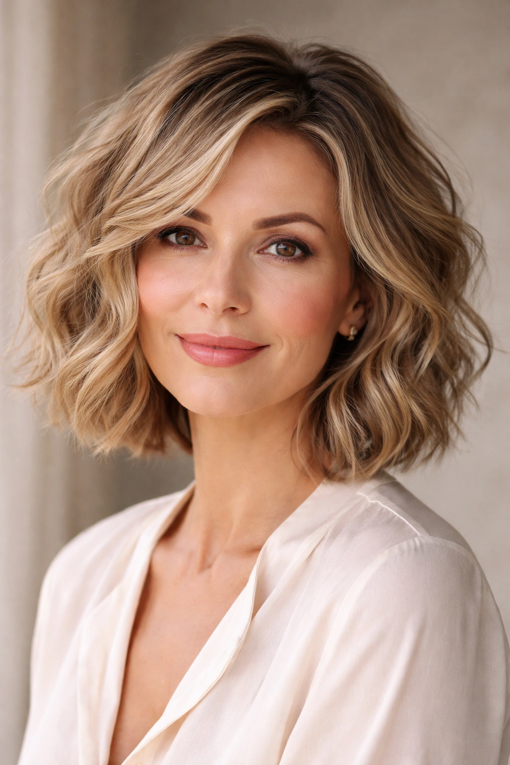 Close-up of a shoulder-length tousled wavy bob on a mature woman, soft waves and natural texture