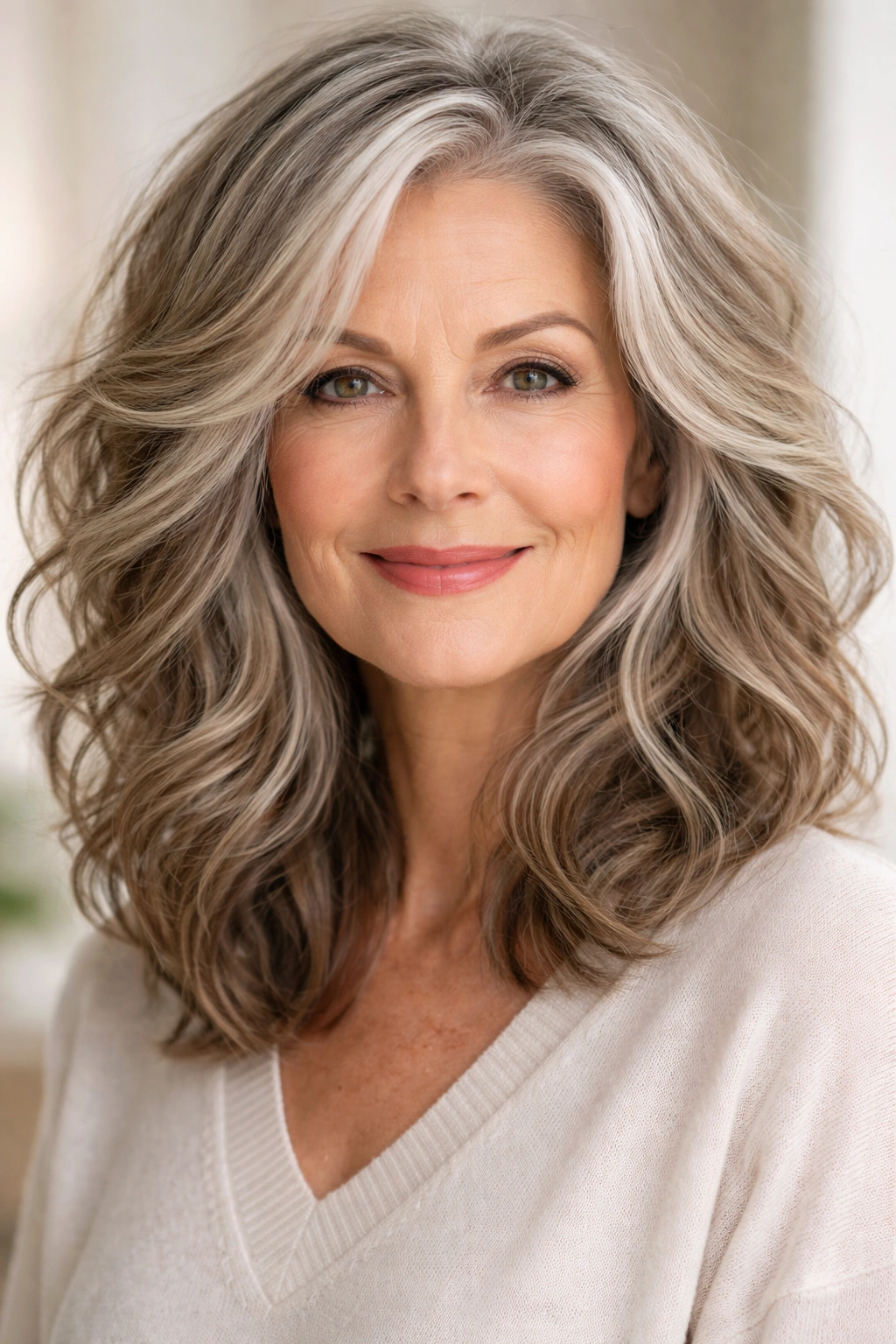 Older woman with tousled wavy lob showing soft waves and face framing layers