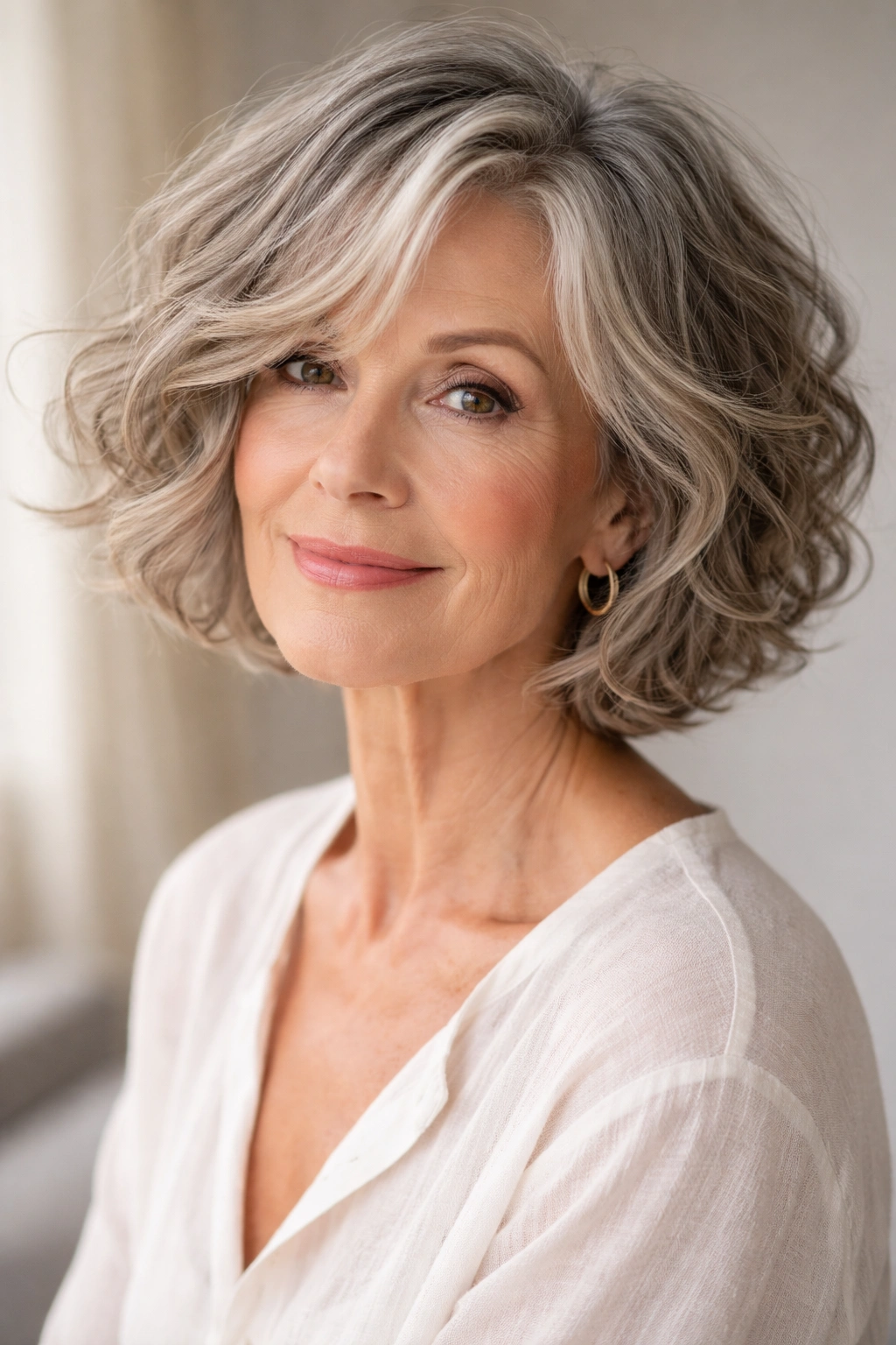 Chin-length tousled French bob with side part on a mature woman, soft lighting