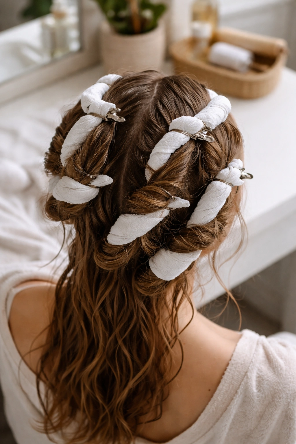 Top-down view of towel twists secured on head with clips, showing soft waves