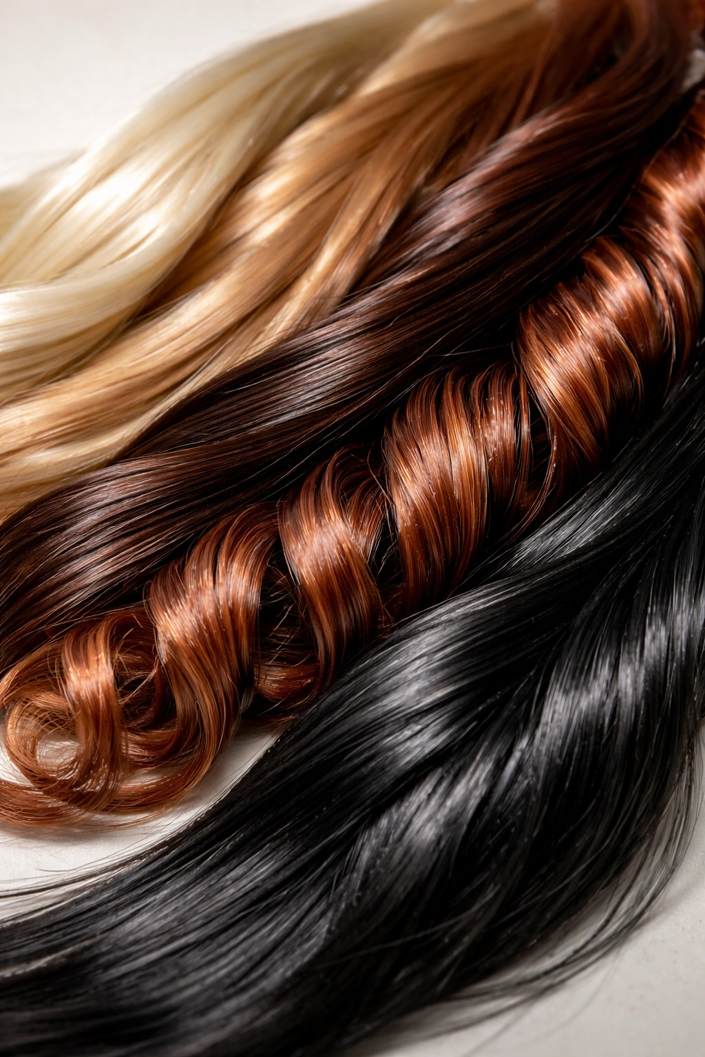 Close-up of assorted synthetic hair strands showing varied textures and shine