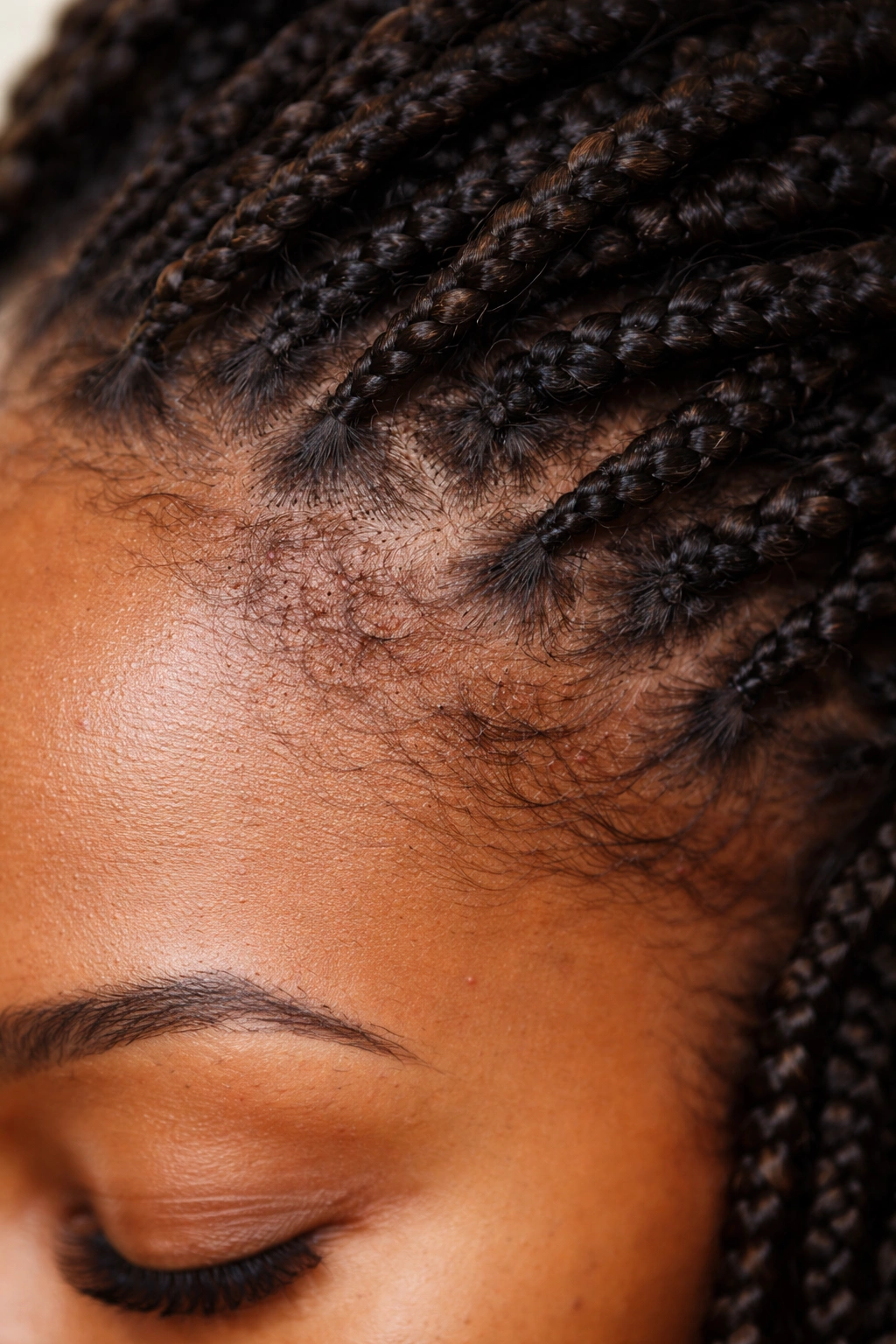Close-up of hairline with subtle tension near braided sections indicating potential damage.