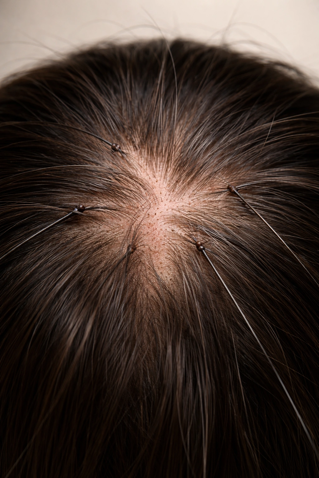 Close-up scalp with tension on hair follicles indicating traction alopecia and mechanical damage