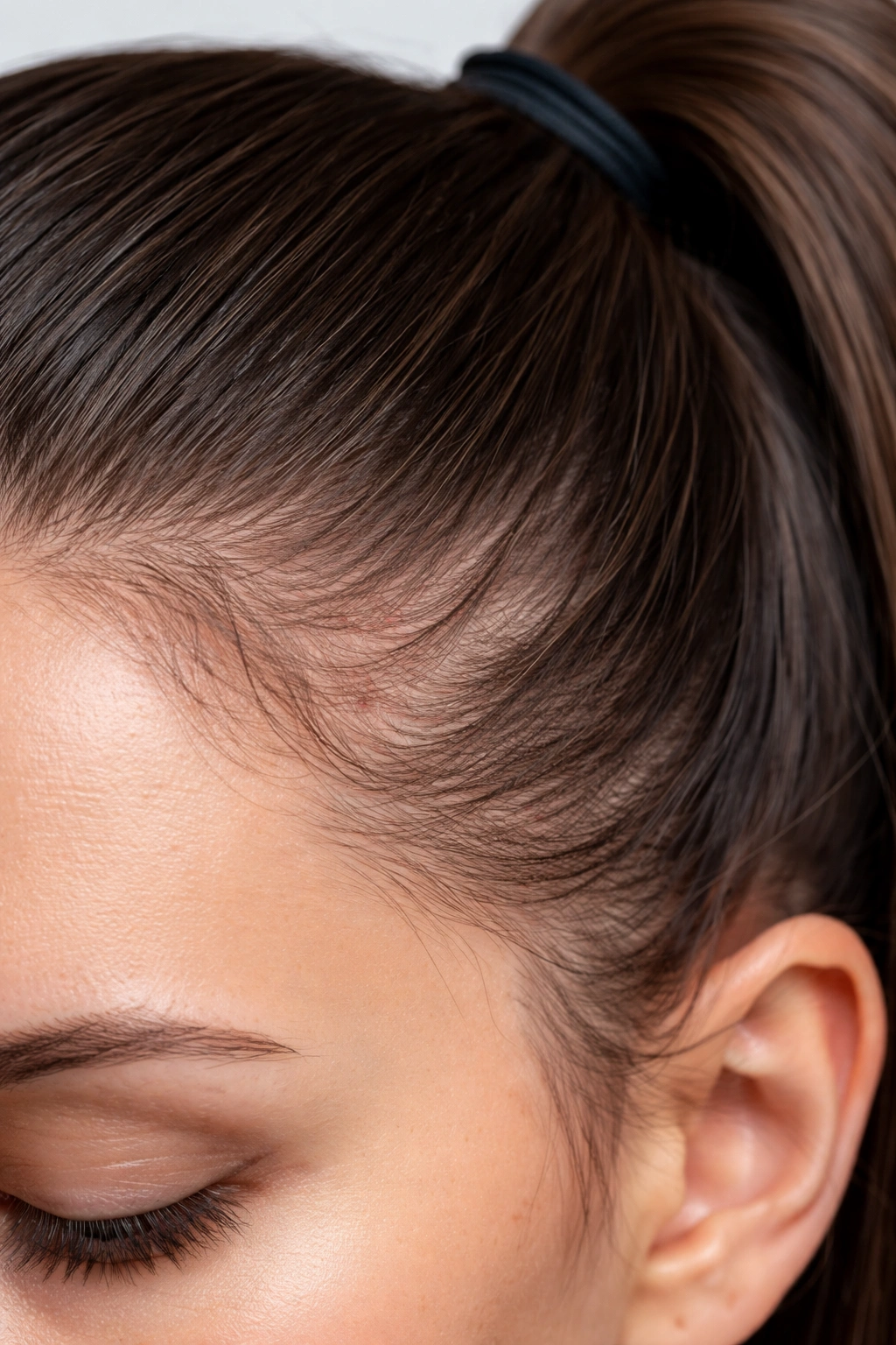 Close-up of scalp at the hairline with hair pulled tight, showing tension and thinning.