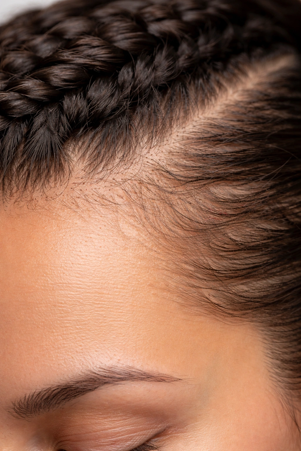 Close-up of thinning hairline from traction alopecia