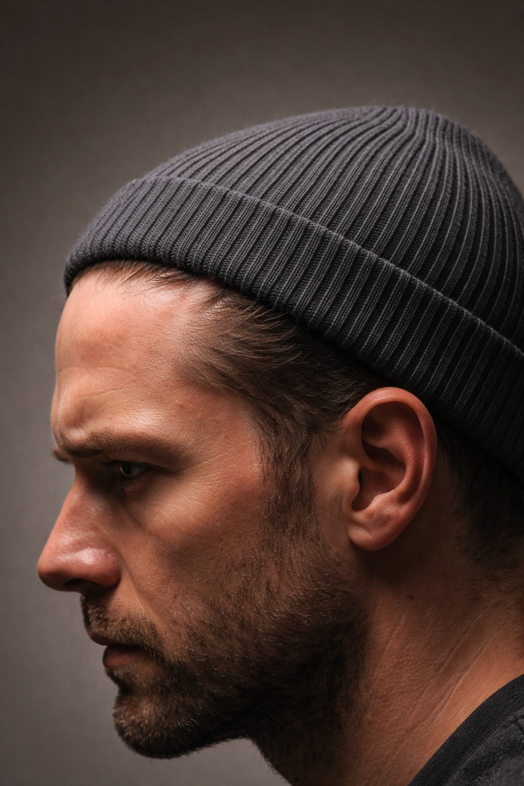 Close-up of a tight beanie causing indentation on the hairline, illustrating traction alopecia risk from headwear.