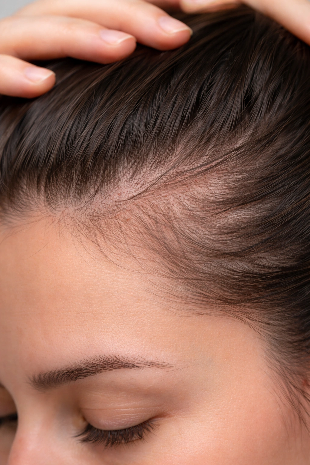 Scalp close-up showing tension at hairline from traction.