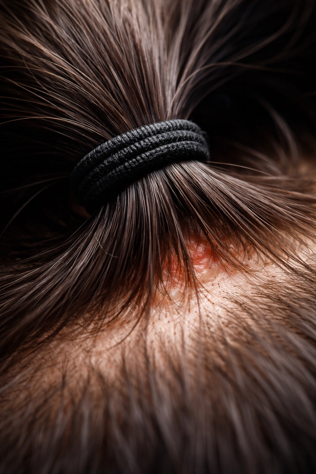 Close-up of a hair strand under tension from a tight elastic, illustrating traction alopecia risk