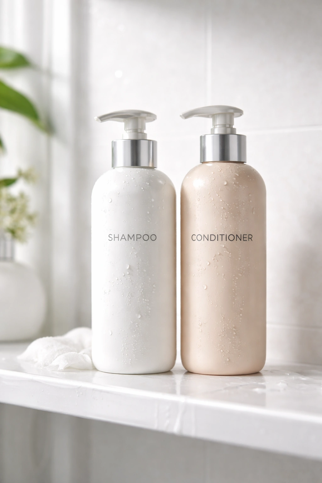Shampoo and conditioner bottles arranged in traditional order