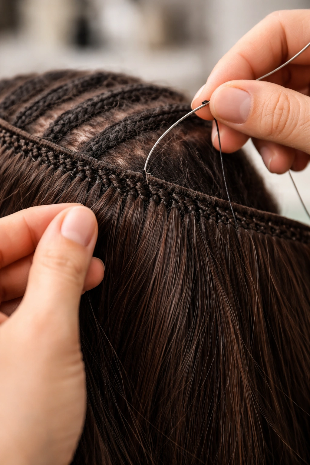 Close-up of needle stitching a weft onto cornrows for a traditional sew-in