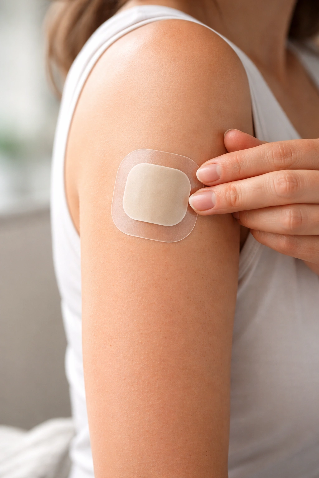 Forearm with a transdermal patch applied, illustrating adjusting HRT to improve hair outcomes