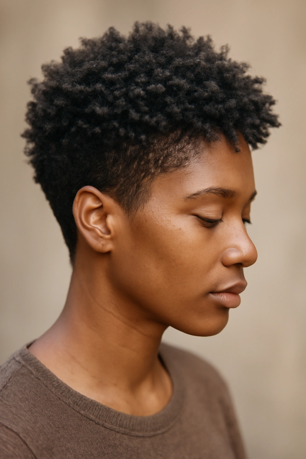 30 Short Haircuts for Black Women 30 Close-up of a Black woman with a textured transition cut showing layered natural texture.