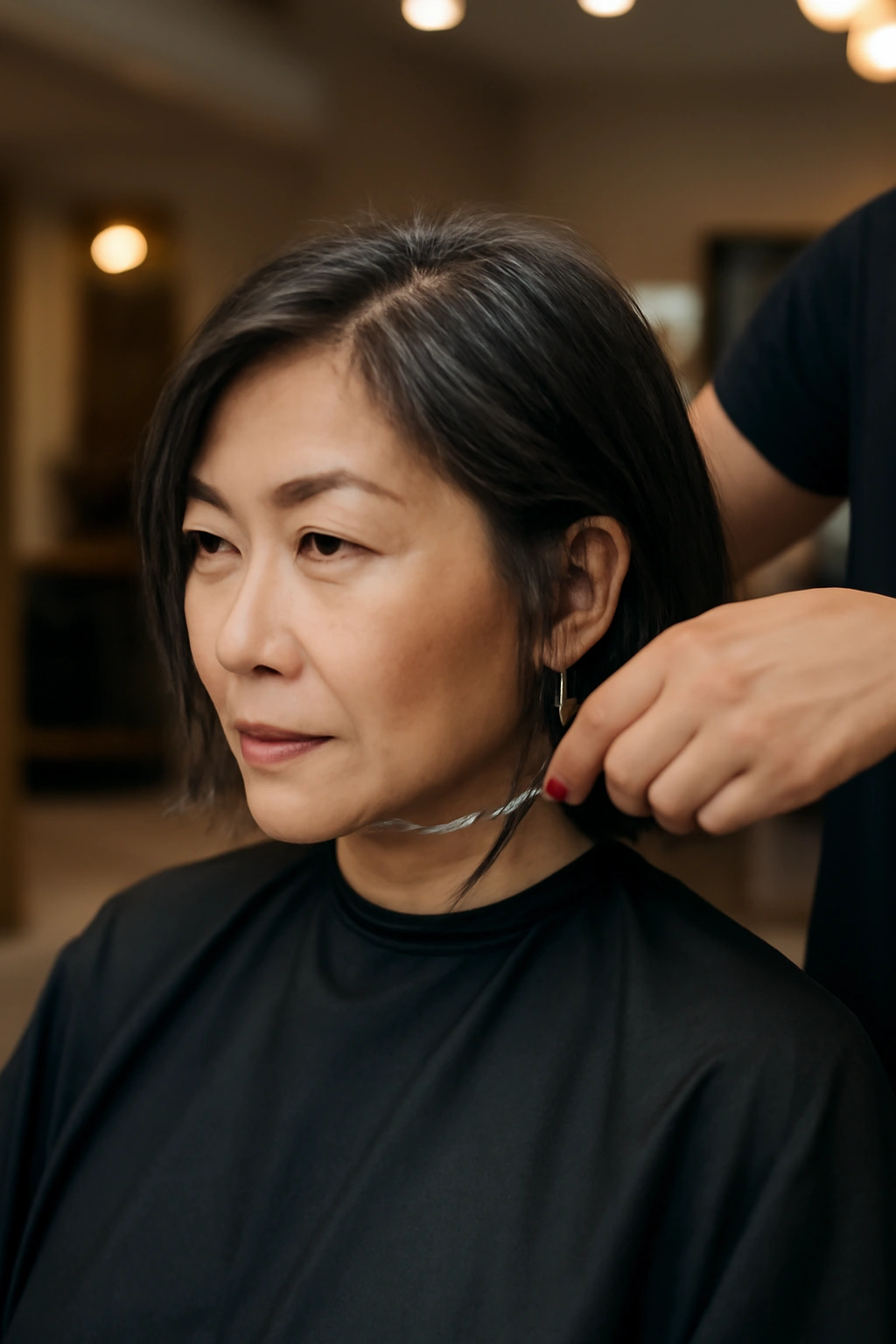 10 Short Haircuts for Asian Women Over 50 to Try 15 Client undergoing haircut transition from long to short with stylist cutting hair