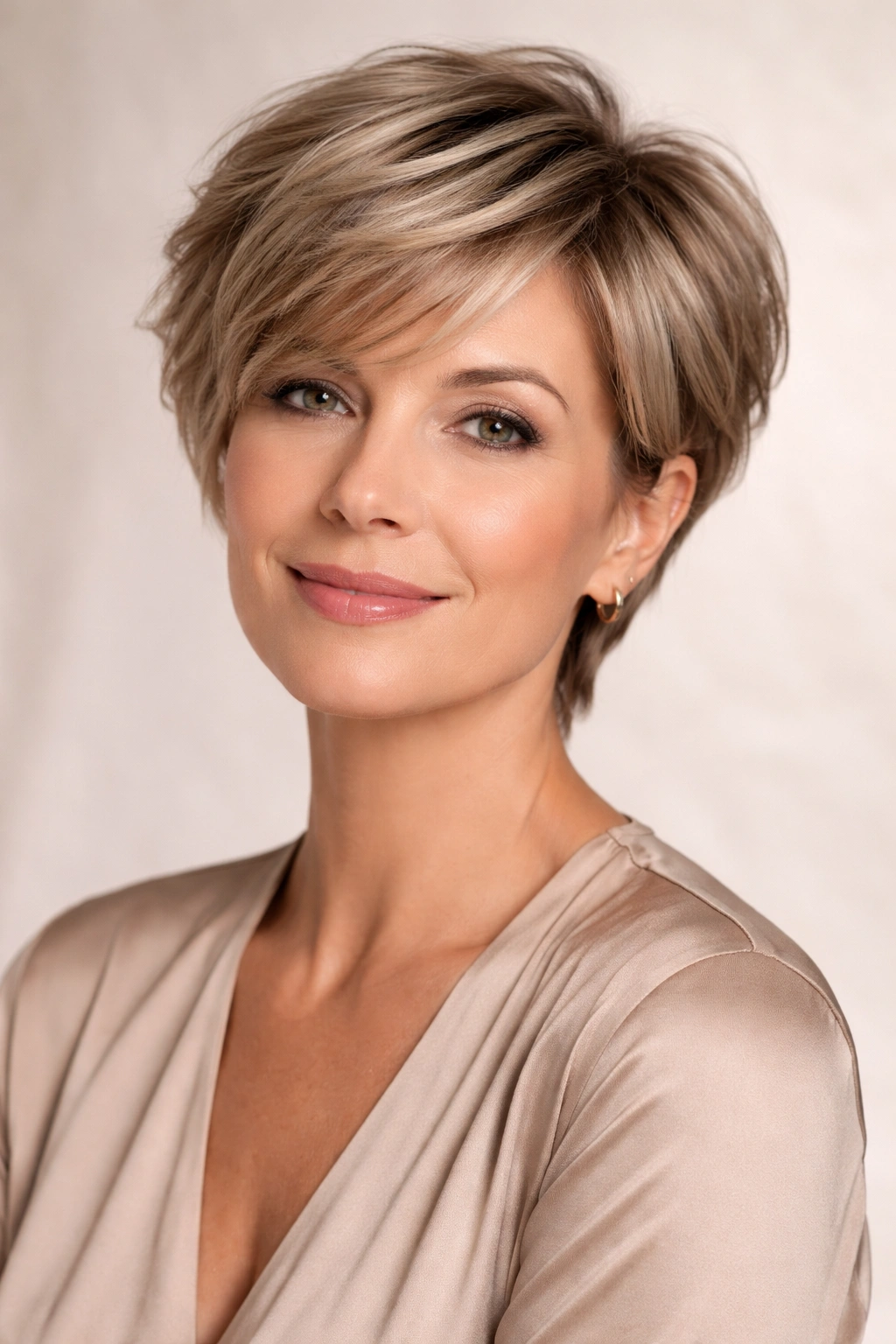 Mid-aged woman transitioning to a short hairstyle in a studio setting