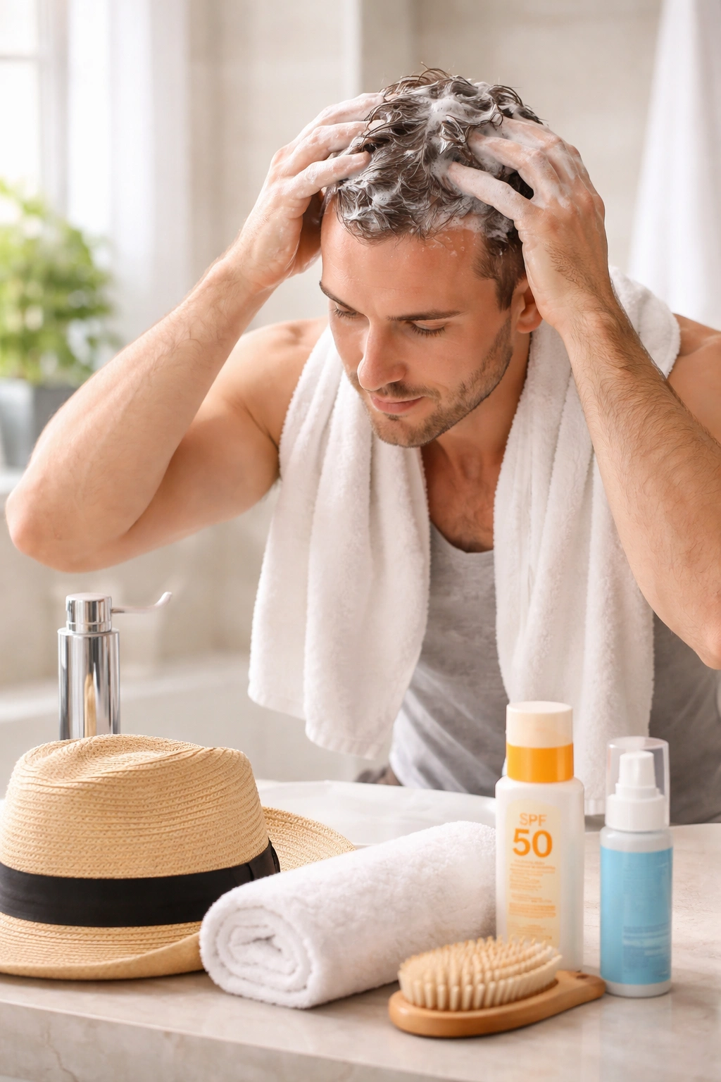 Person performing scalp aftercare at home with gentle washing and sun protection
