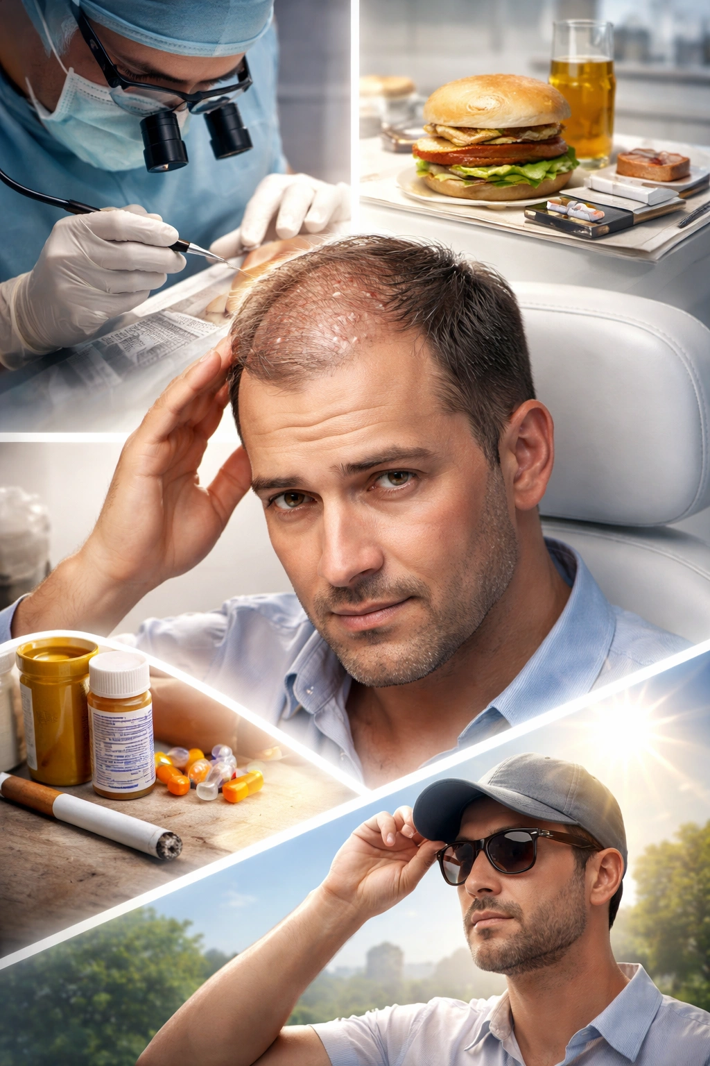 Clinical portrait showing scalp evaluation for transplant longevity risk factors