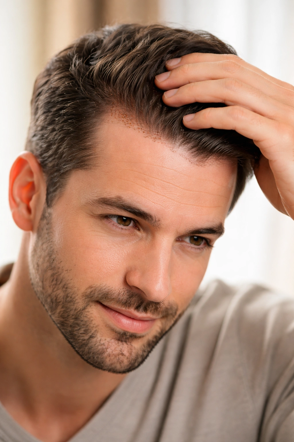 Close-up of a person with transplanted hair being gently combed for long-term care