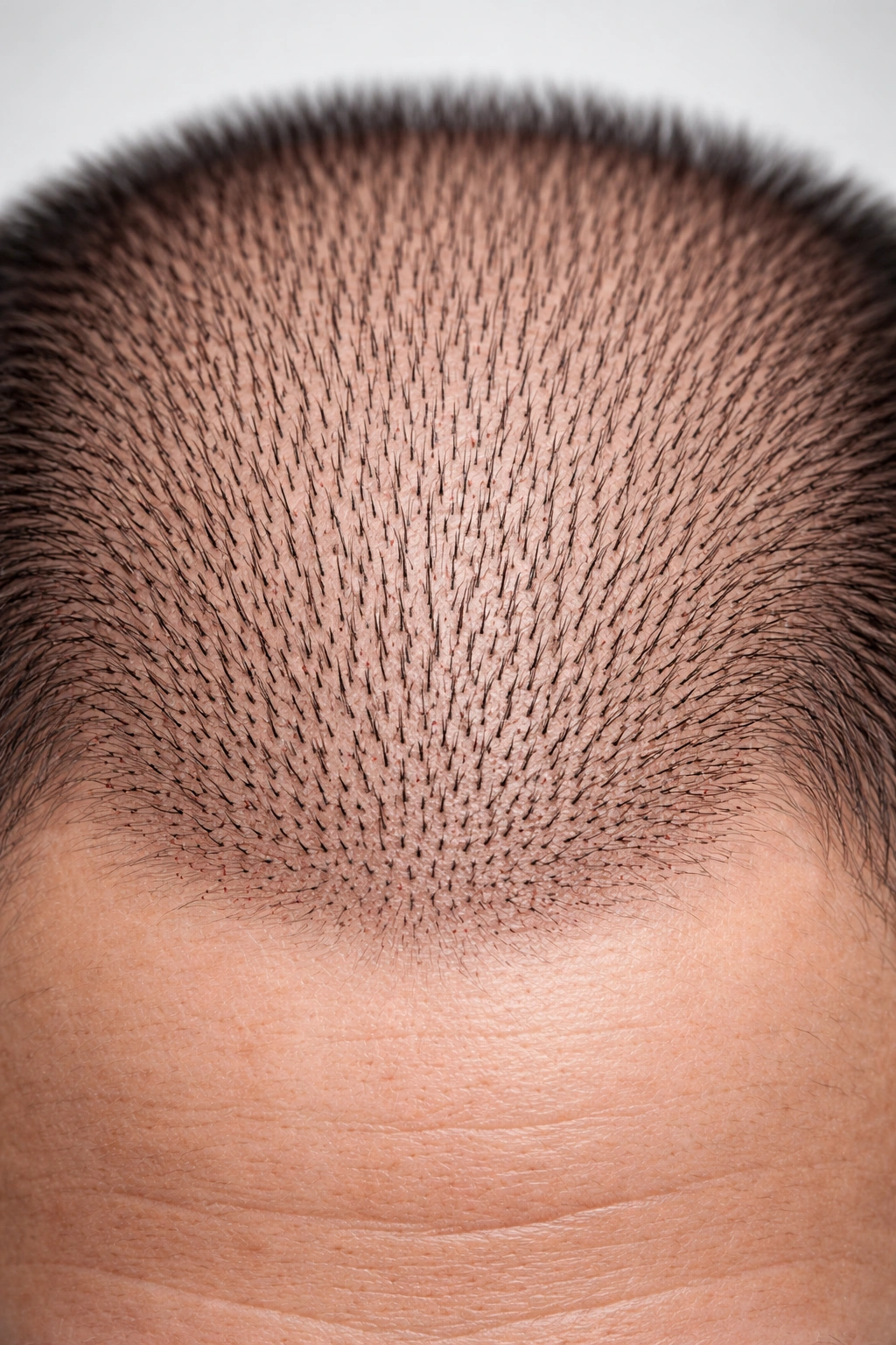 Close-up of a scalp with transplanted hair showing donor-dominant density