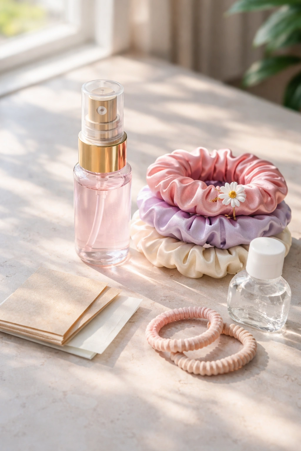Travel-size hair mist and scented hair ties for quick on-the-go freshness.