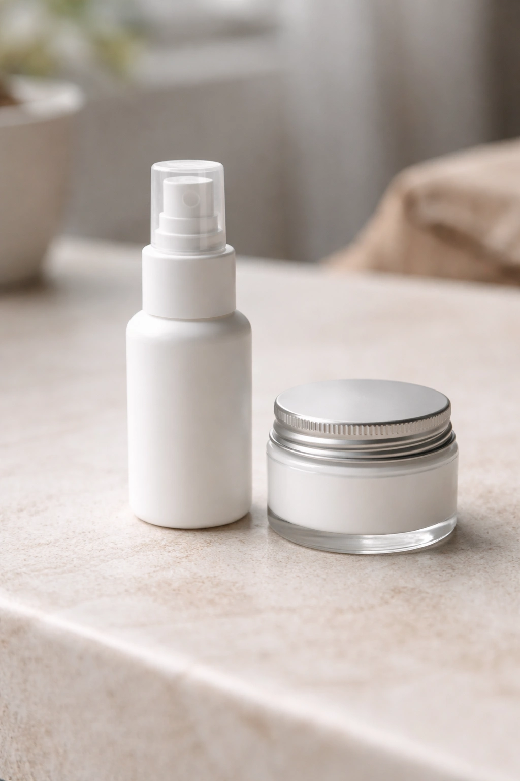 Two travel-size hair product bottles with plain surfaces on a clean background