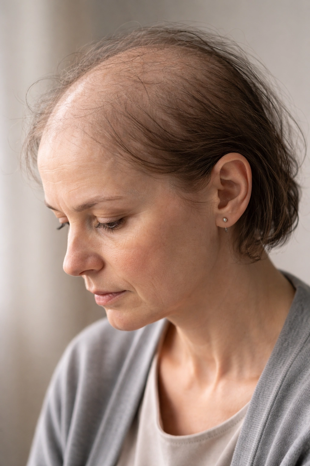 Side profile of person showing scalp thinning due to treatment