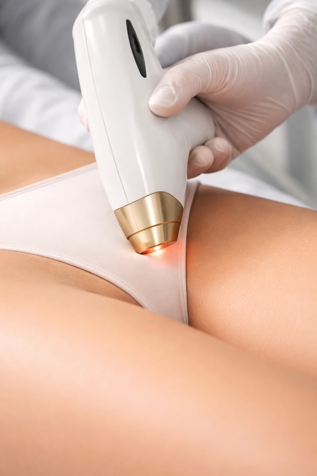 Laser handpiece in contact with skin during treatment