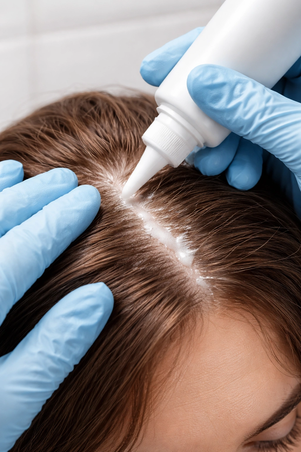 Gloved hand applying topical lice treatment to the scalp
