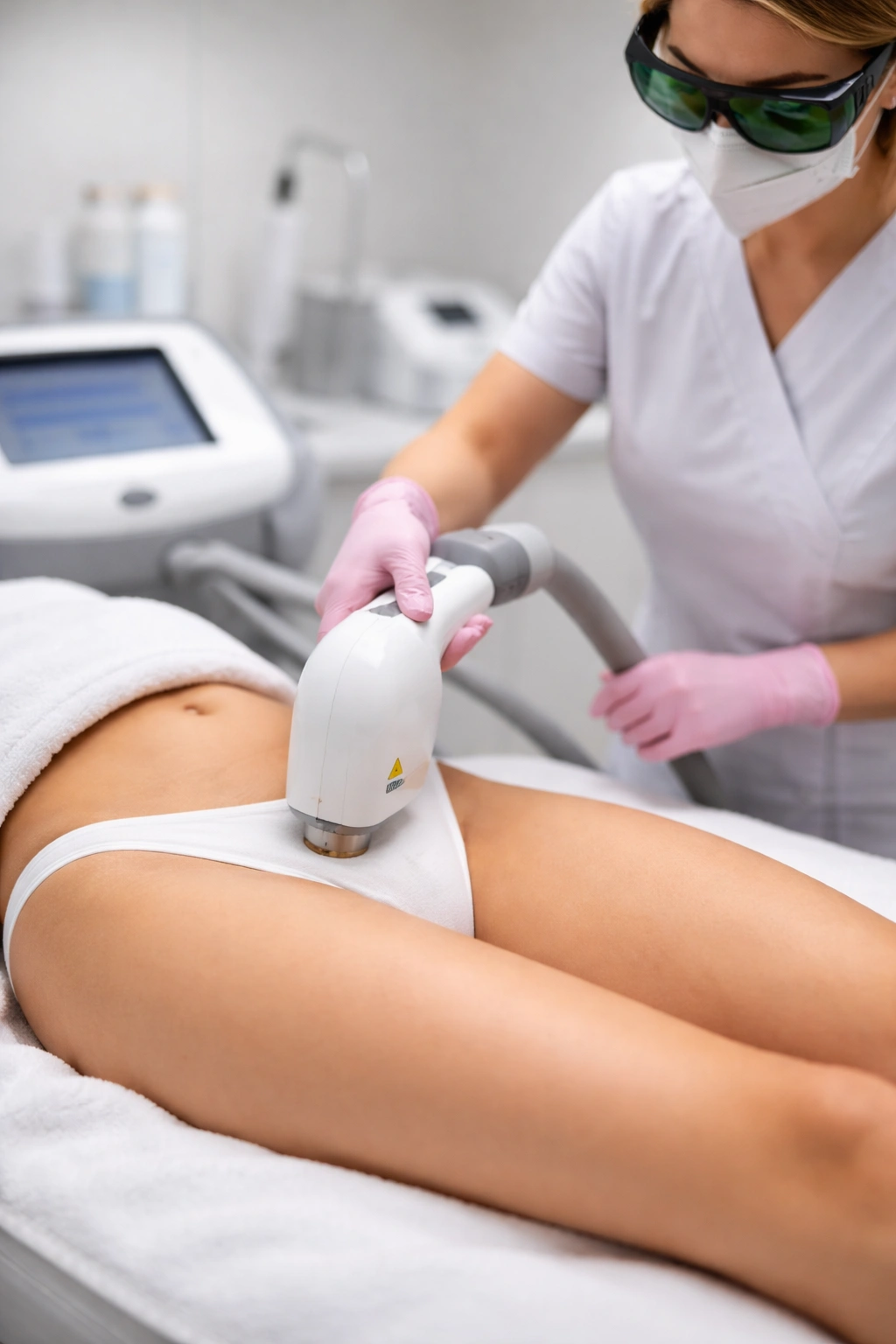 Treatment room setup with laser device over draped bikini area