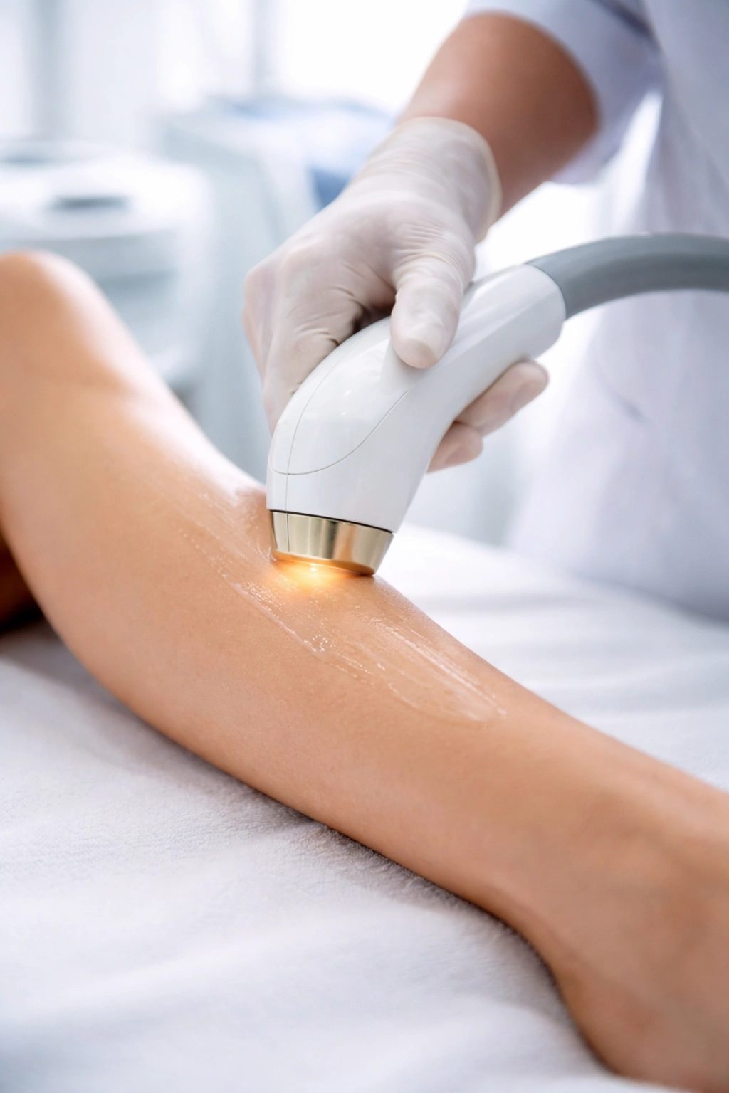 Clinician applying laser treatment to skin on a limb