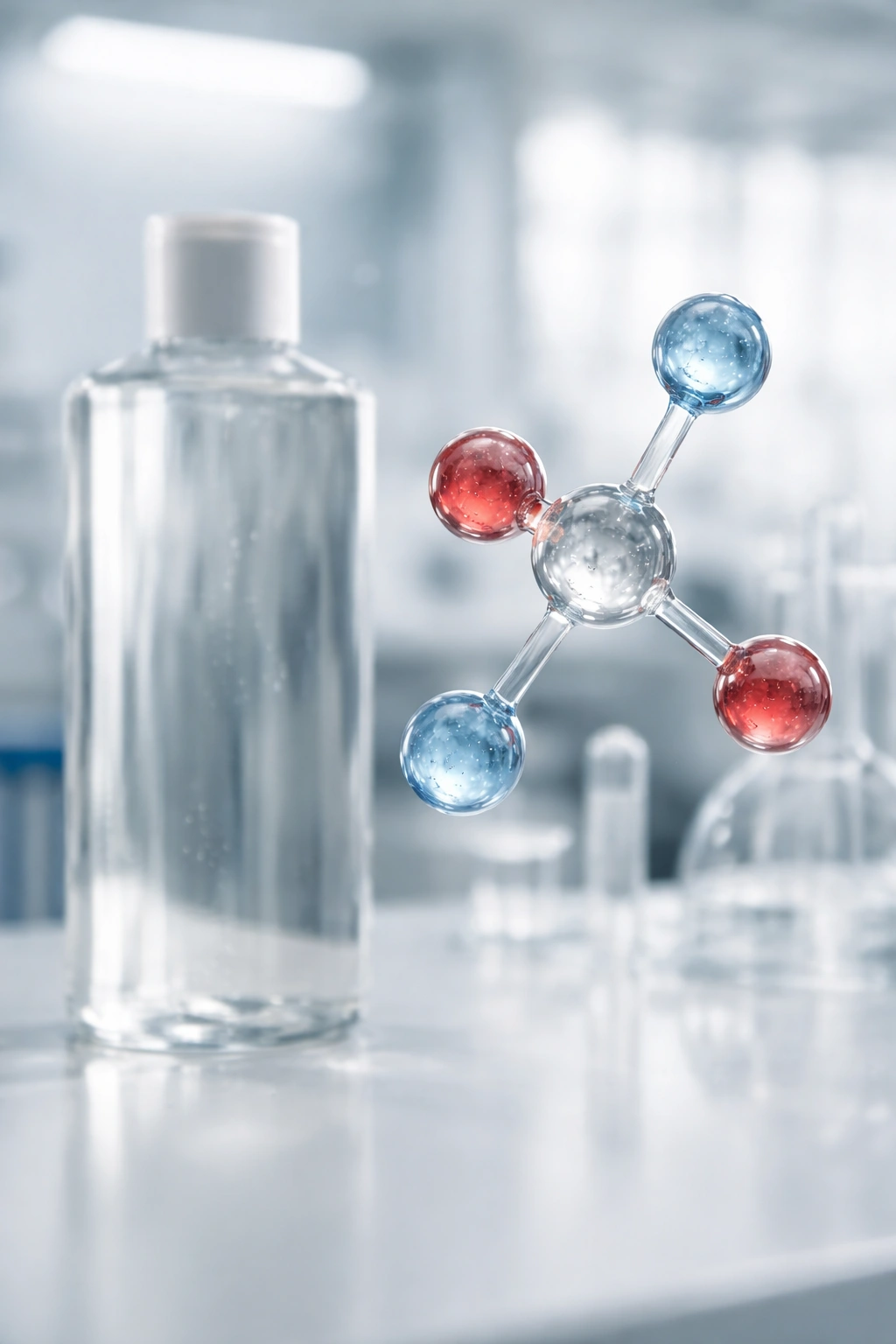 Unlabeled bottle silhouette beside a molecular model in a clean lab setup.