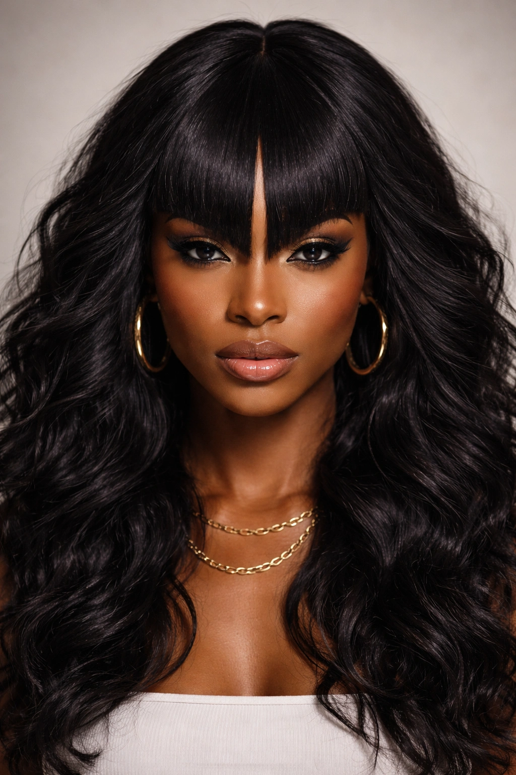 Frontal view of sculpted triangle bangs with geometric shape