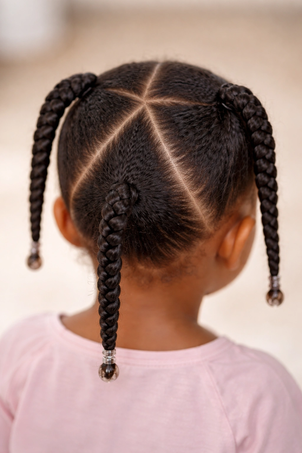 Toddler head showing large triangular braided sections on the scalp