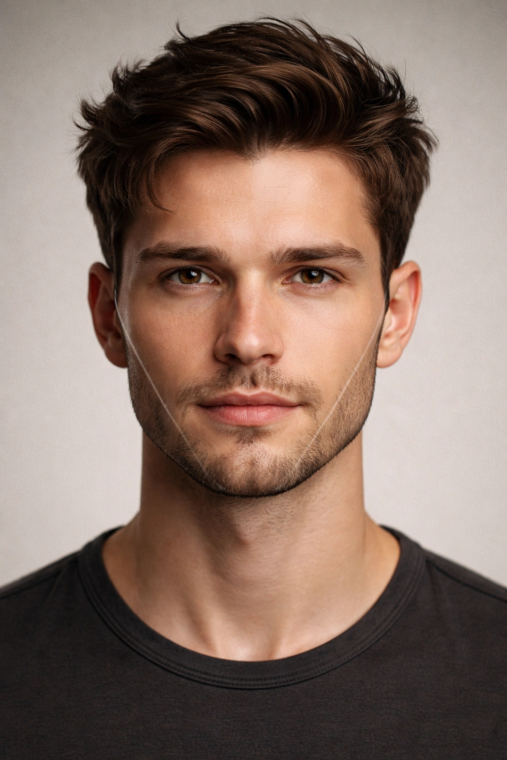 Close-up portrait highlighting triangular jawline and narrow forehead