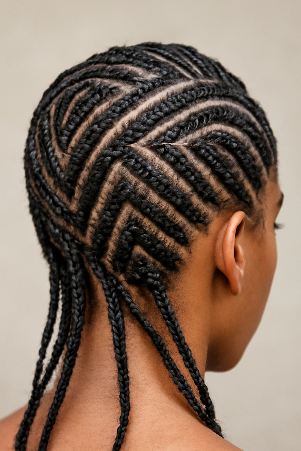15 Micro Braid Styles for Short, Medium, or Long Hair 10 Scalp-focused image of tribal braids in bold geometric placement.