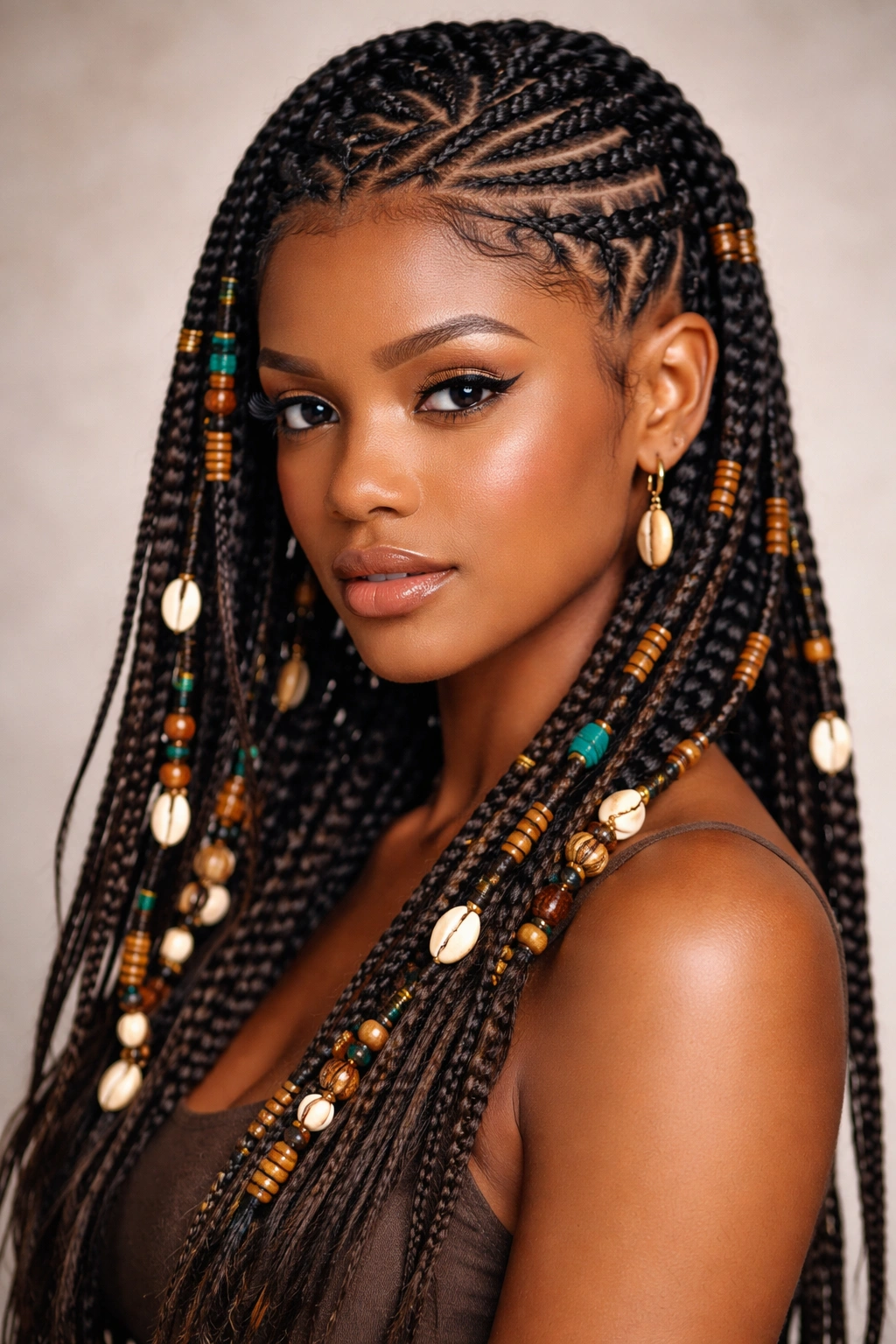Close-up of tribal braids with geometric patterns and decorative elements