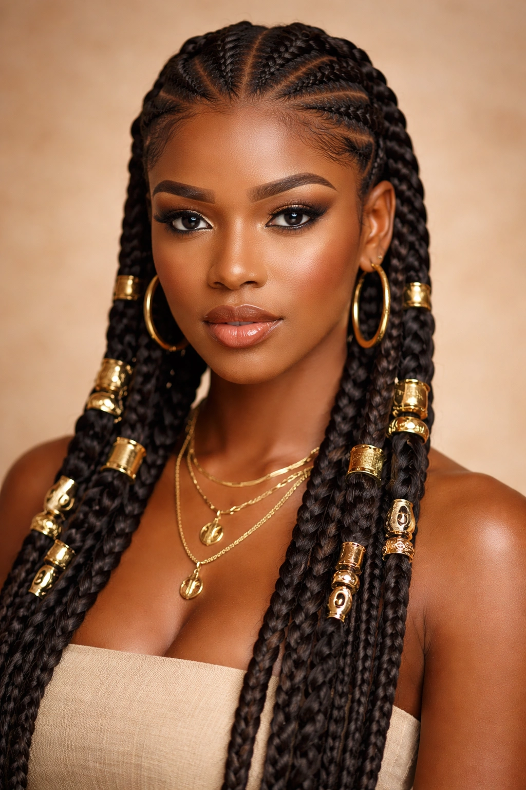 Two tribal braids adorned with gold jewelry against a warm background