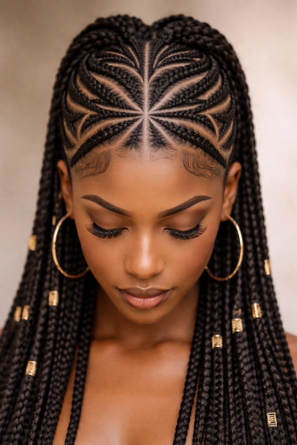 Front view of tribal braids forming a geometric pattern with deliberate gaps