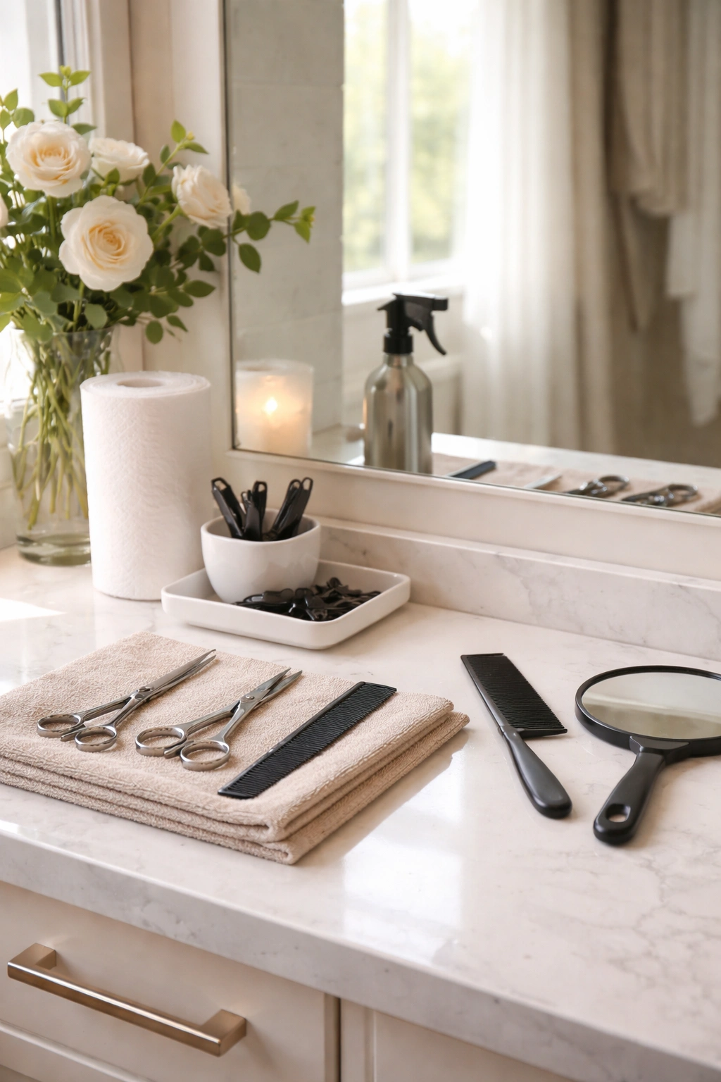 A Step By Step Guide To Trimming Your Own Hair 3 Bright, organized trimming space with essential hair tools within reach