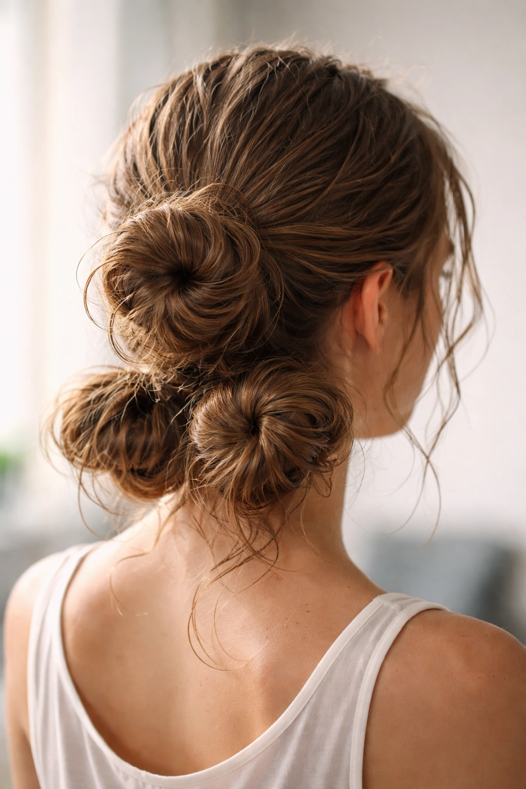 Three loose buns arranged in a stacked low hairstyle