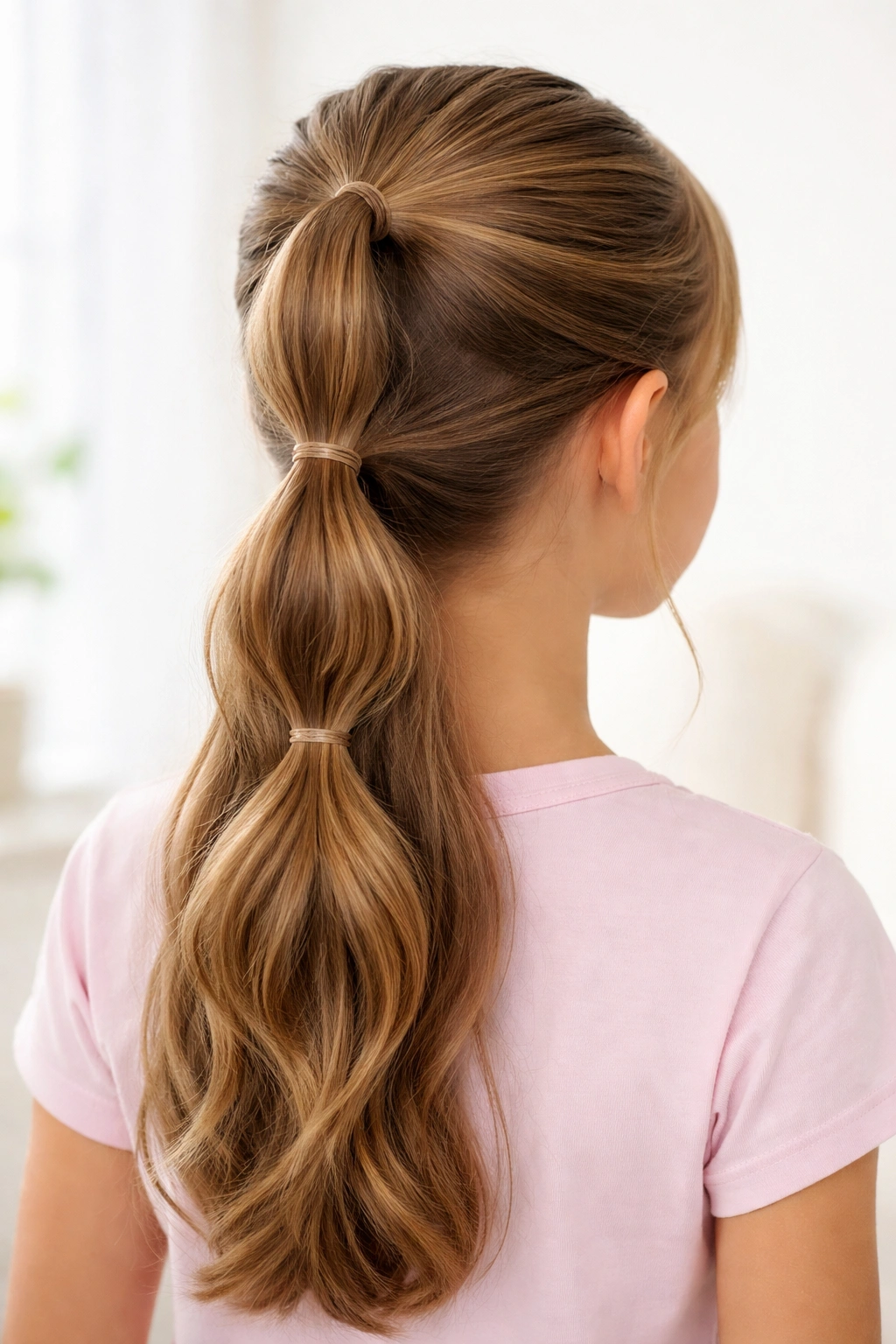 Back view of three stacked ponytails cascading down the back of the head