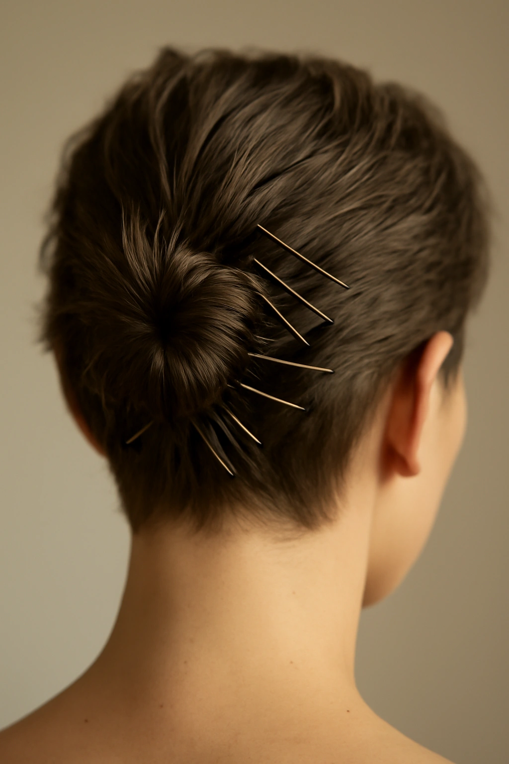 10 Cute Bun Styles for Short Hair That Hold Up Well 9 Close-up of pinned bun on very short hair with multiple Bobby pins visible