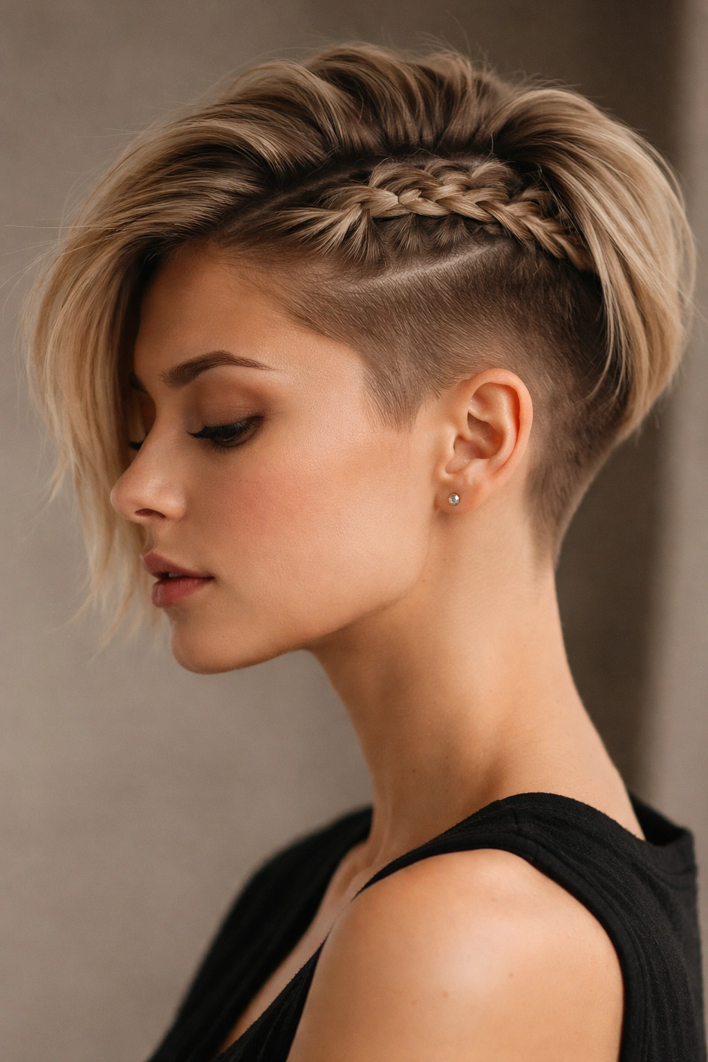 20 Short Braided Hairstyles To Pin Right Now 14 Side profile of a pixie cut with a tucked-under braid revealing undercut.